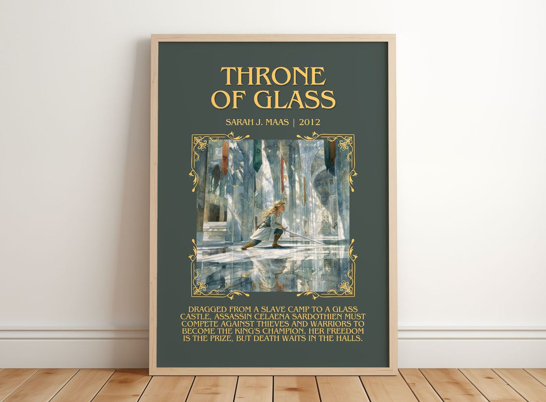 Throne Of Glass Minimalist Book Poster by Sarah J. Maas – framed print leaning on a wooden floor