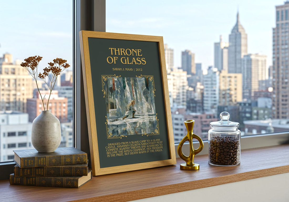 Throne Of Glass Minimalist Book Poster by Sarah J. Maas – framed print on a city-view windowsill