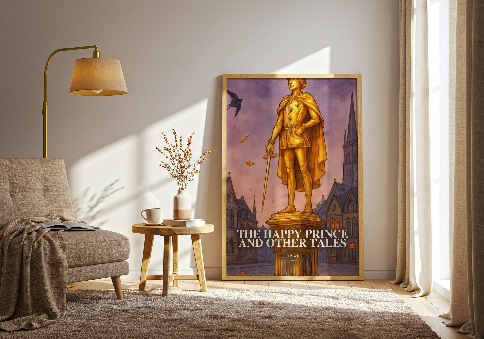 The Happy Prince And Other Tales watercolour print in frame leaning in hallway – childrens wall art
