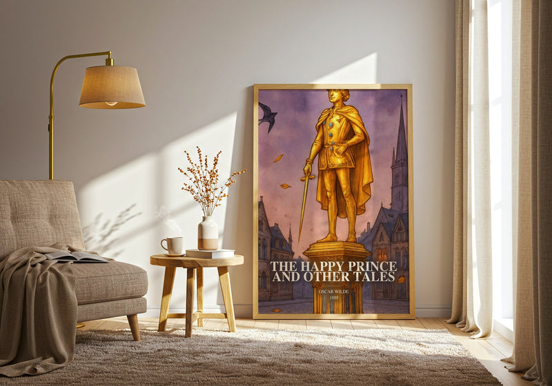 The Happy Prince And Other Tales watercolour print in frame leaning in hallway – childrens wall art