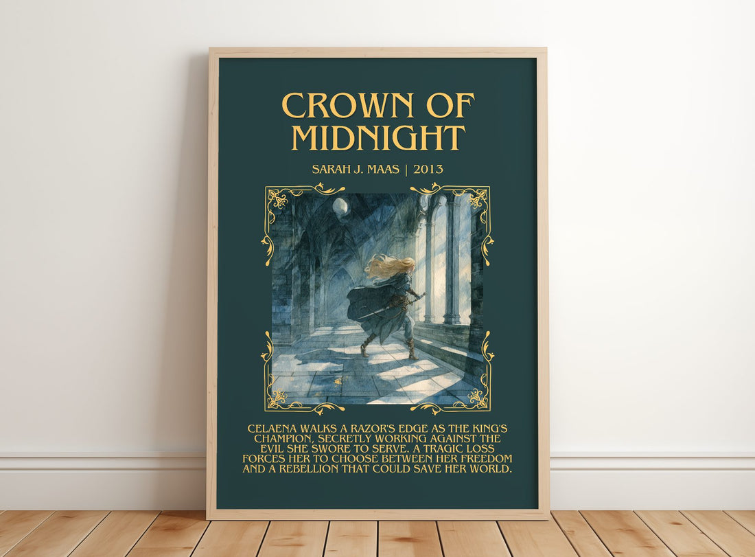 Crown Of Midnight Minimalist Book Poster by Sarah J. Maas – framed print leaning on a wooden floor