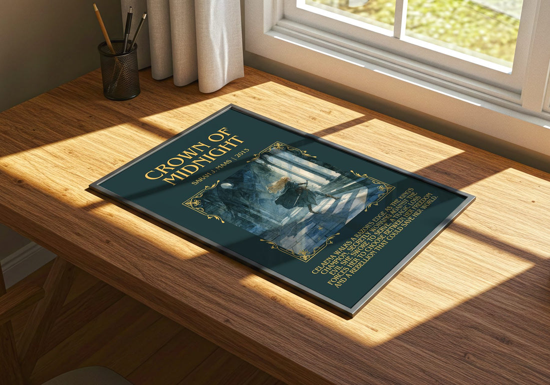 Crown Of Midnight Minimalist Book Poster by Sarah J. Maas – print on a sunlit desk