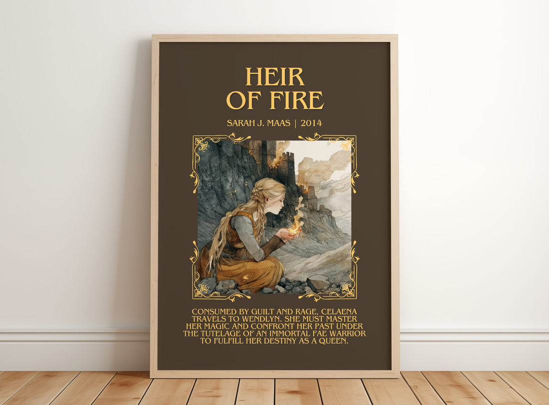 Heir Of Fire Minimalist Book Poster by Sarah J. Maas – framed print leaning on a wooden floor