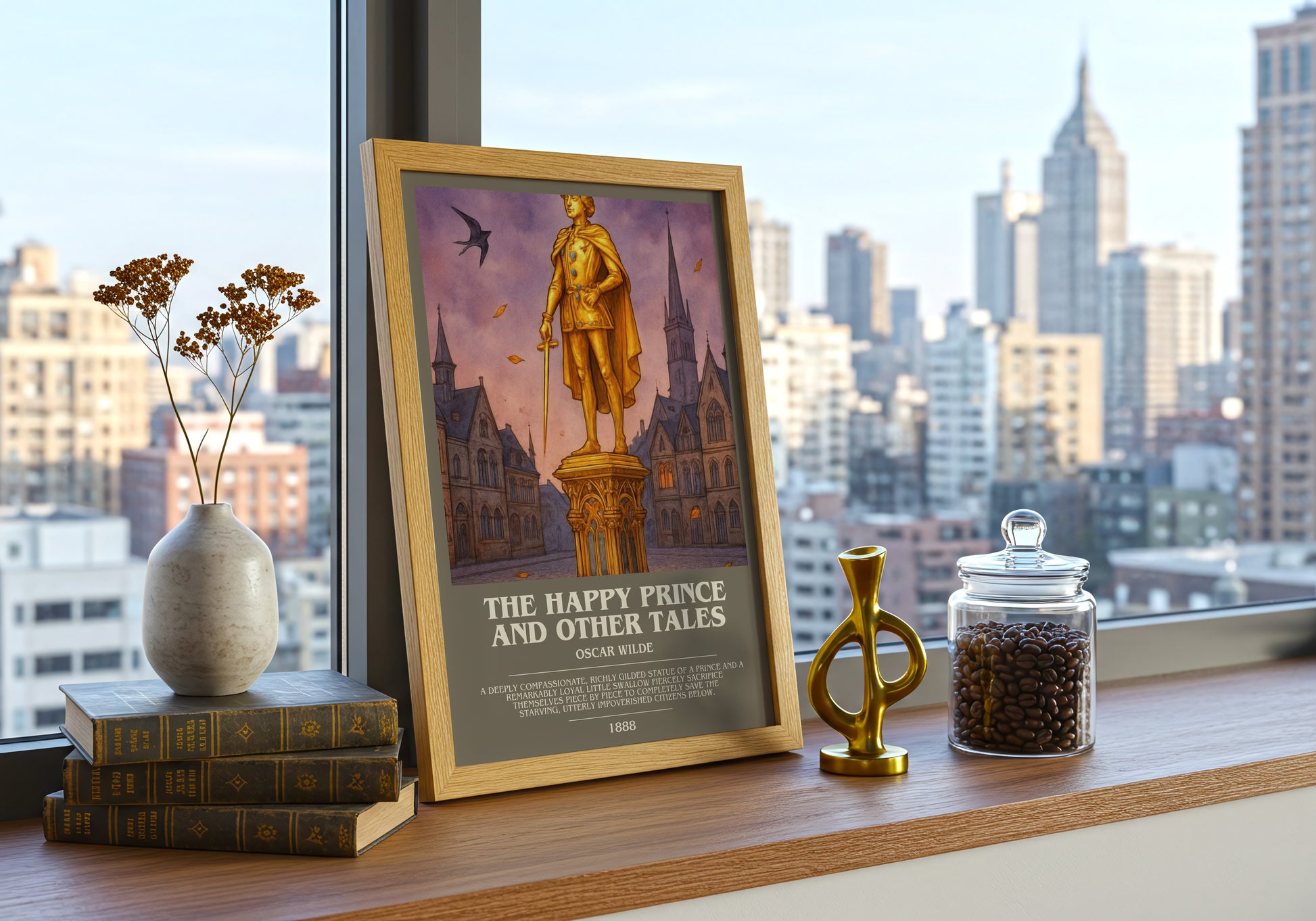 The Happy Prince And Other Tales bookish print framed by window – literary home decor