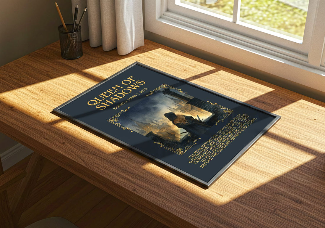 Queen Of Shadows Minimalist Book Poster by Sarah J. Maas – print on a sunlit desk