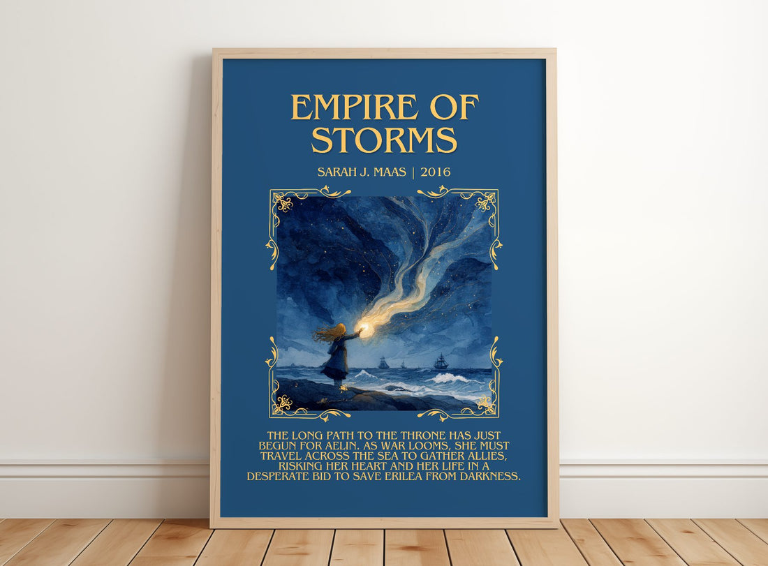 Empire Of Storms Minimalist Book Poster by Sarah J. Maas – framed print leaning on a wooden floor