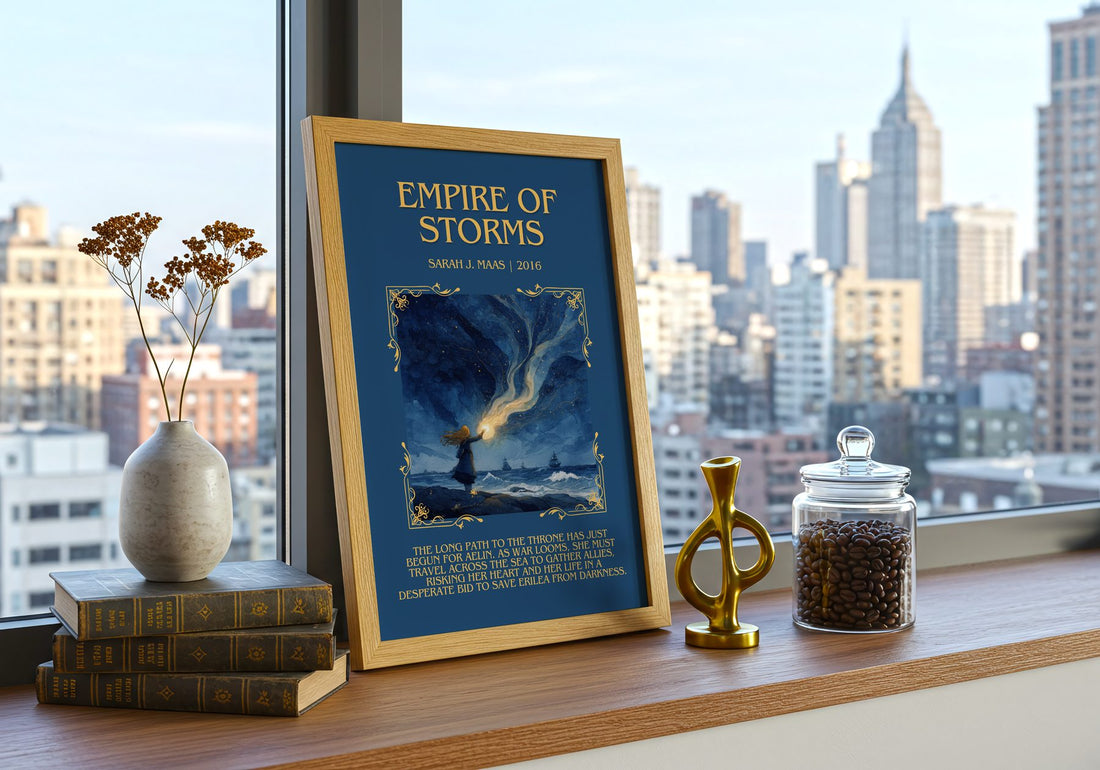 Empire Of Storms Minimalist Book Poster by Sarah J. Maas – framed print on a city-view windowsill