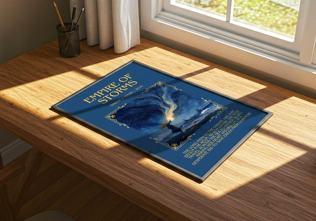 Empire Of Storms Minimalist Book Poster by Sarah J. Maas – print on a sunlit desk