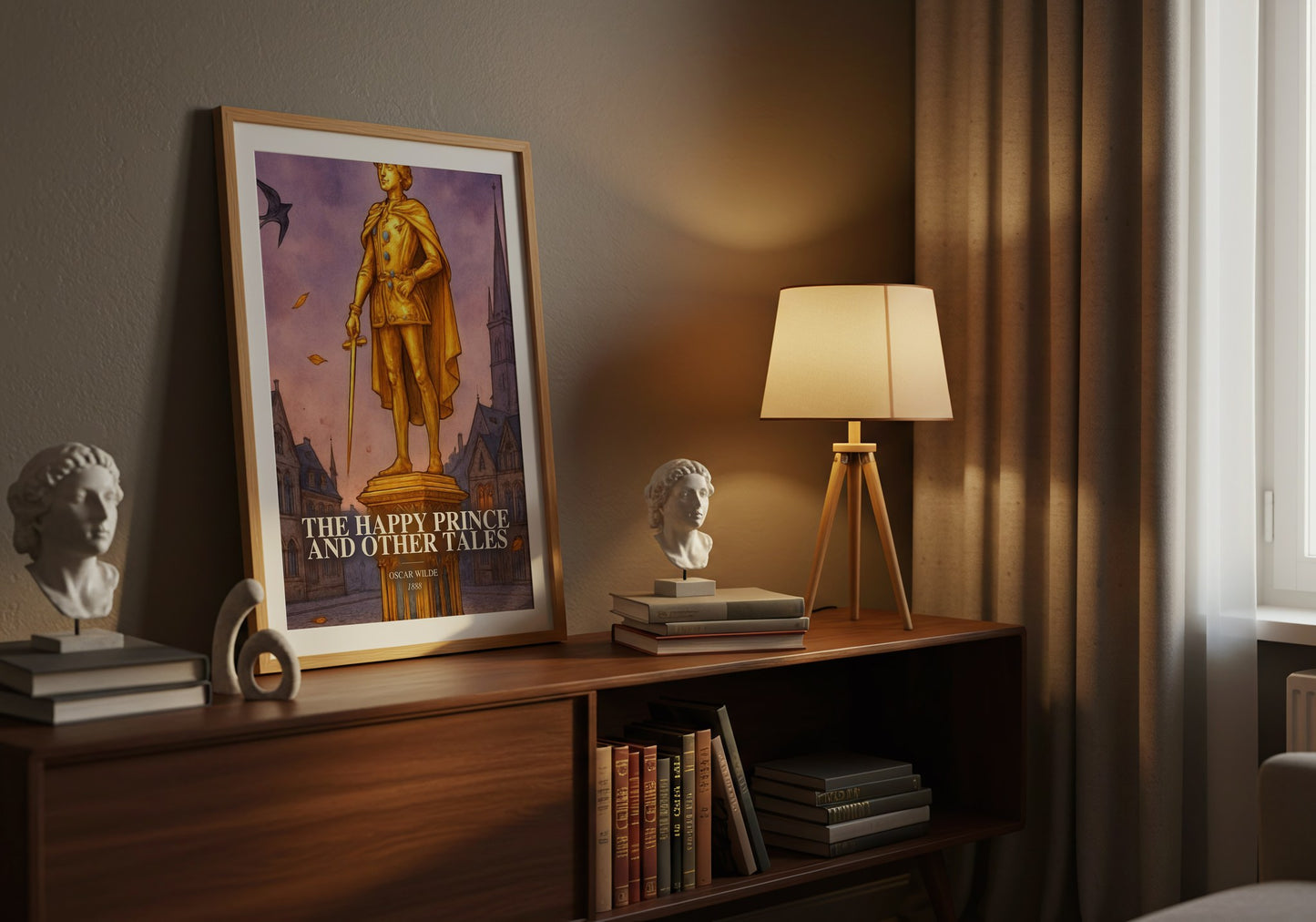 The Happy Prince And Other Tales watercolour print on bookshelf – Oscar Wilde fan gift