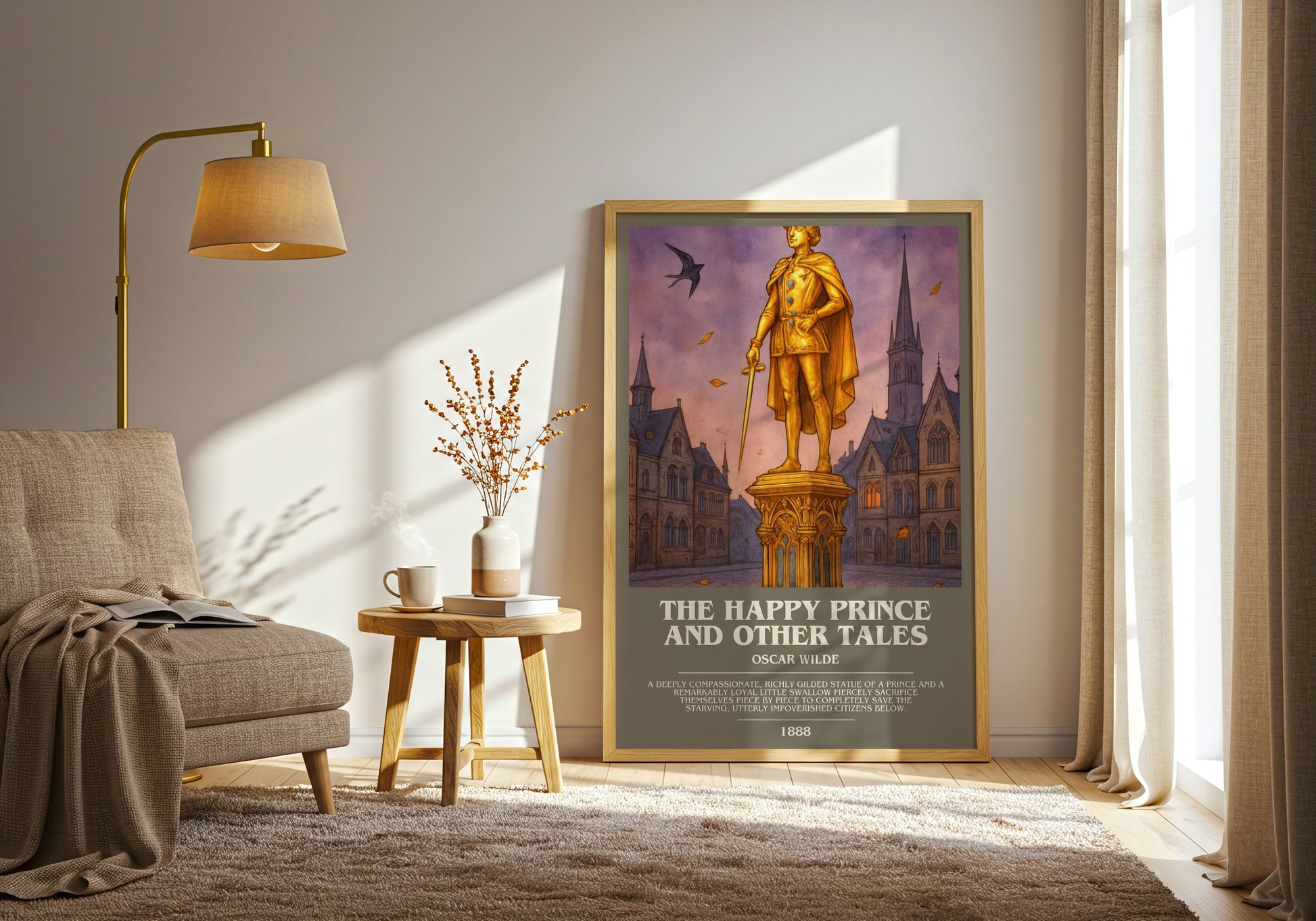 The Happy Prince And Other Tales bookish print on bookshelf – Oscar Wilde fan gift