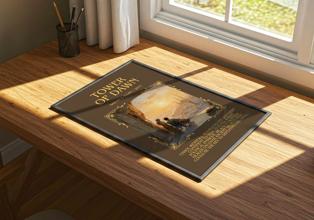 Tower Of Dawn Minimalist Book Poster by Sarah J. Maas – print on a sunlit desk