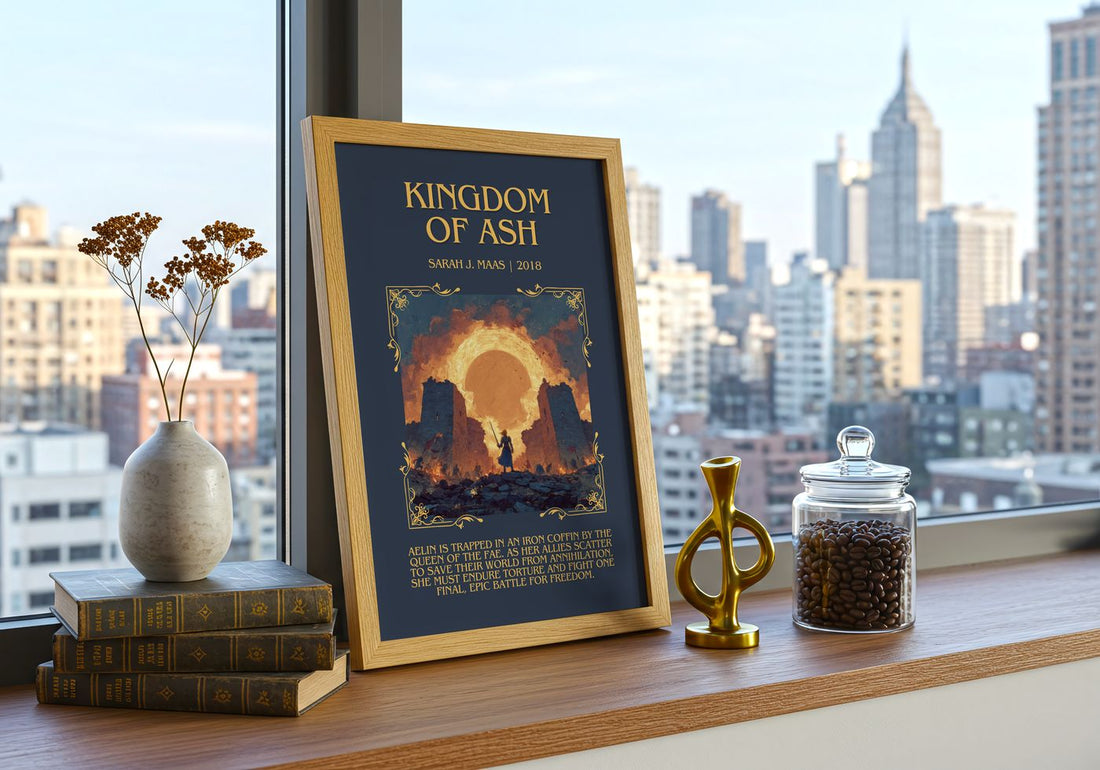 Kingdom Of Ash Minimalist Book Poster by Sarah J. Maas – framed print on a city-view windowsill
