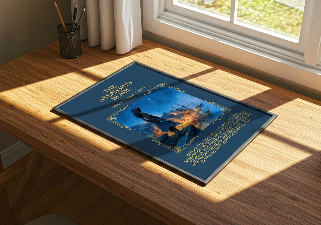 The Assassin'S Blade Minimalist Book Poster by Sarah J. Maas – print on a sunlit desk