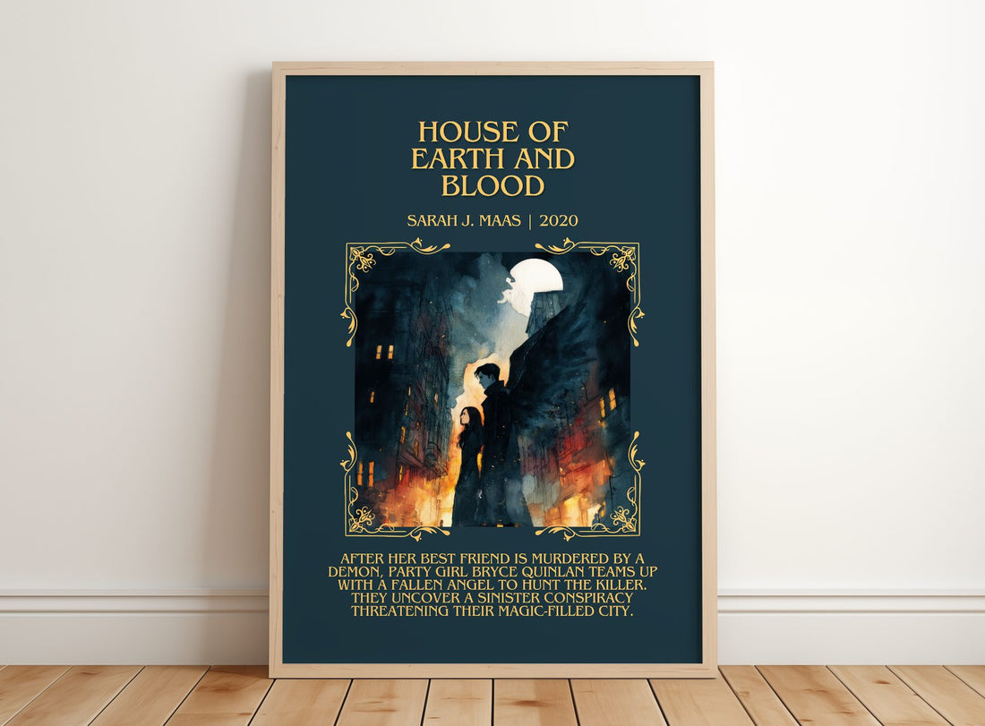 House Of Earth And Blood Minimalist Book Poster by Sarah J. Maas – framed print leaning on a wooden floor