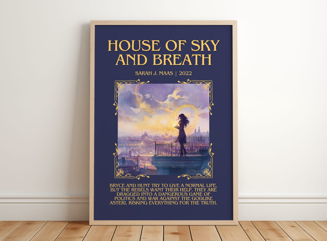 House Of Sky And Breath Minimalist Book Poster by Sarah J. Maas – framed print leaning on a wooden floor