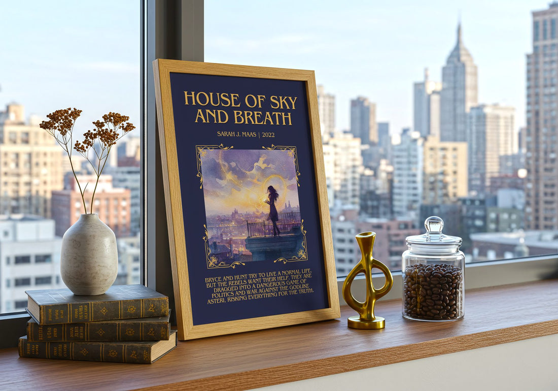 House Of Sky And Breath Minimalist Book Poster by Sarah J. Maas – framed print on a city-view windowsill
