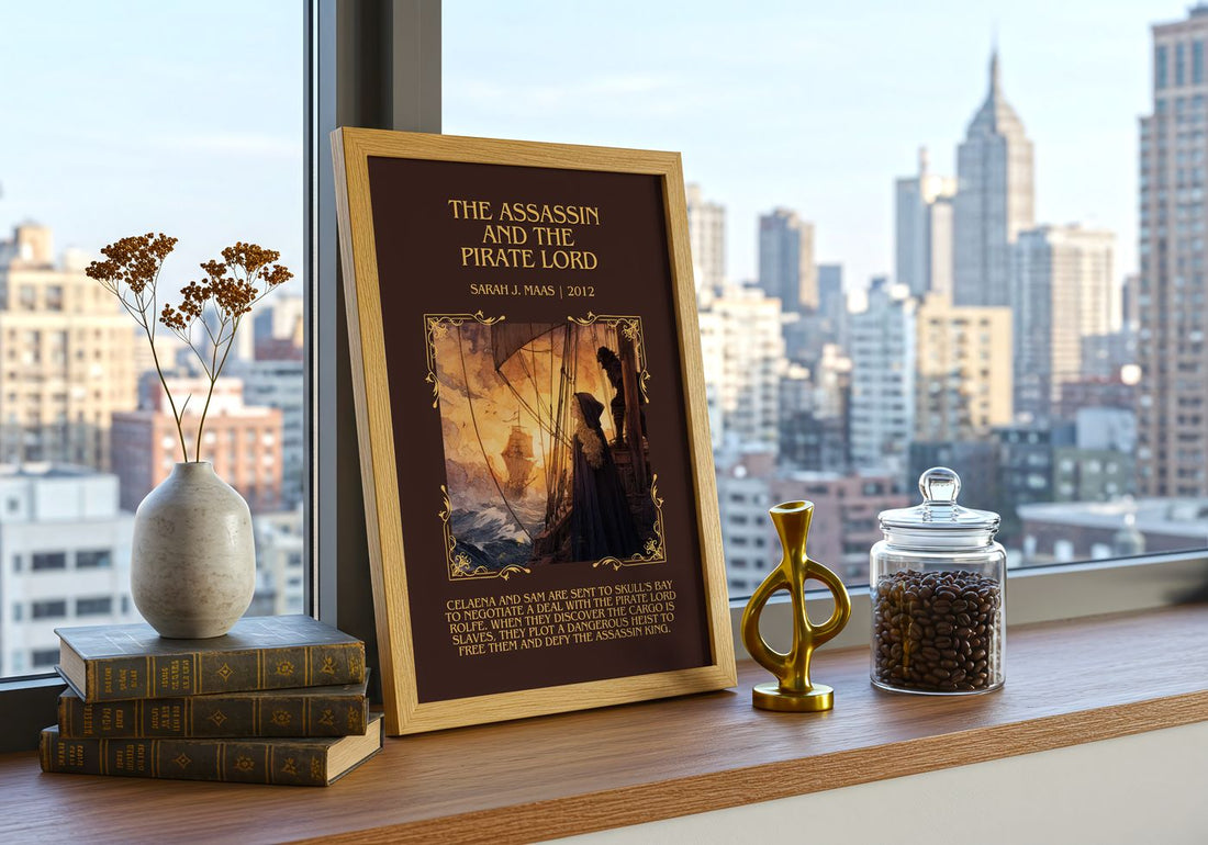 Assassin And The Pirate Lord Minimalist Book Poster by Sarah J. Maas – framed print on a city-view windowsill