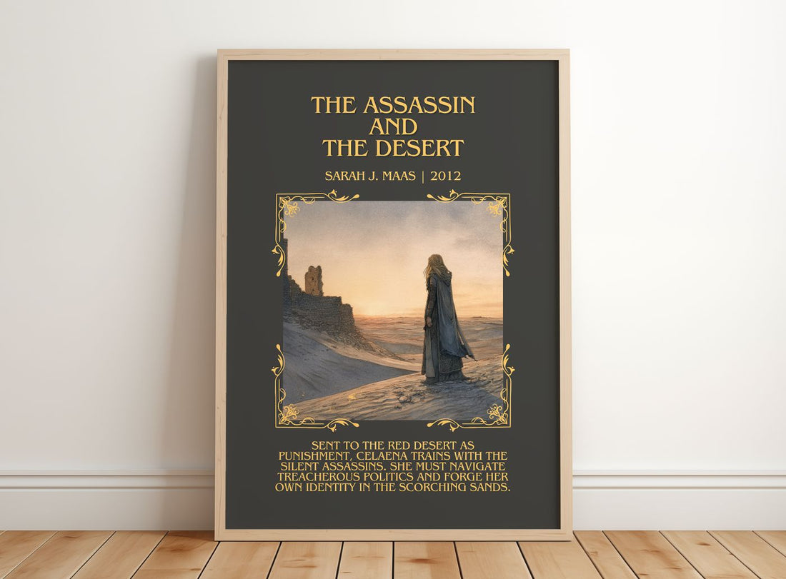 The Assassin And The Desert Minimalist Book Poster by Sarah J. Maas – framed print leaning on a wooden floor