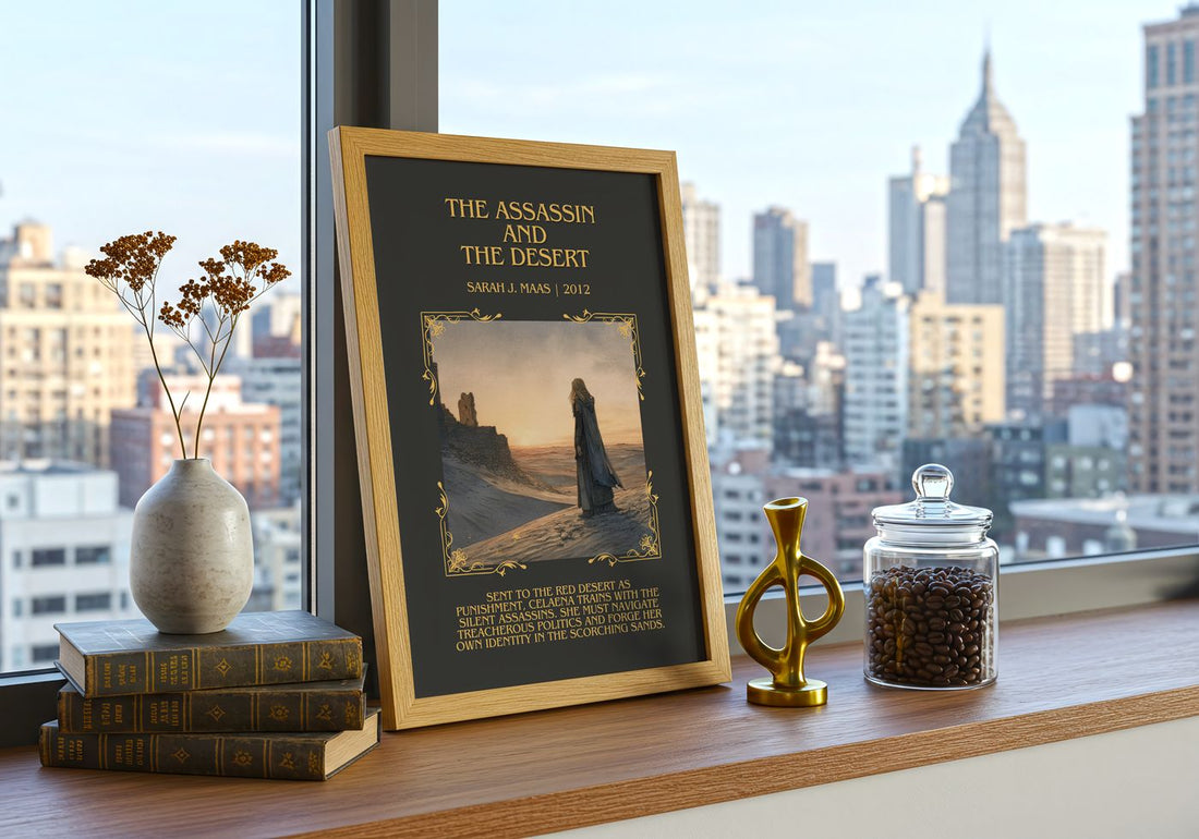The Assassin And The Desert Minimalist Book Poster by Sarah J. Maas – framed print on a city-view windowsill