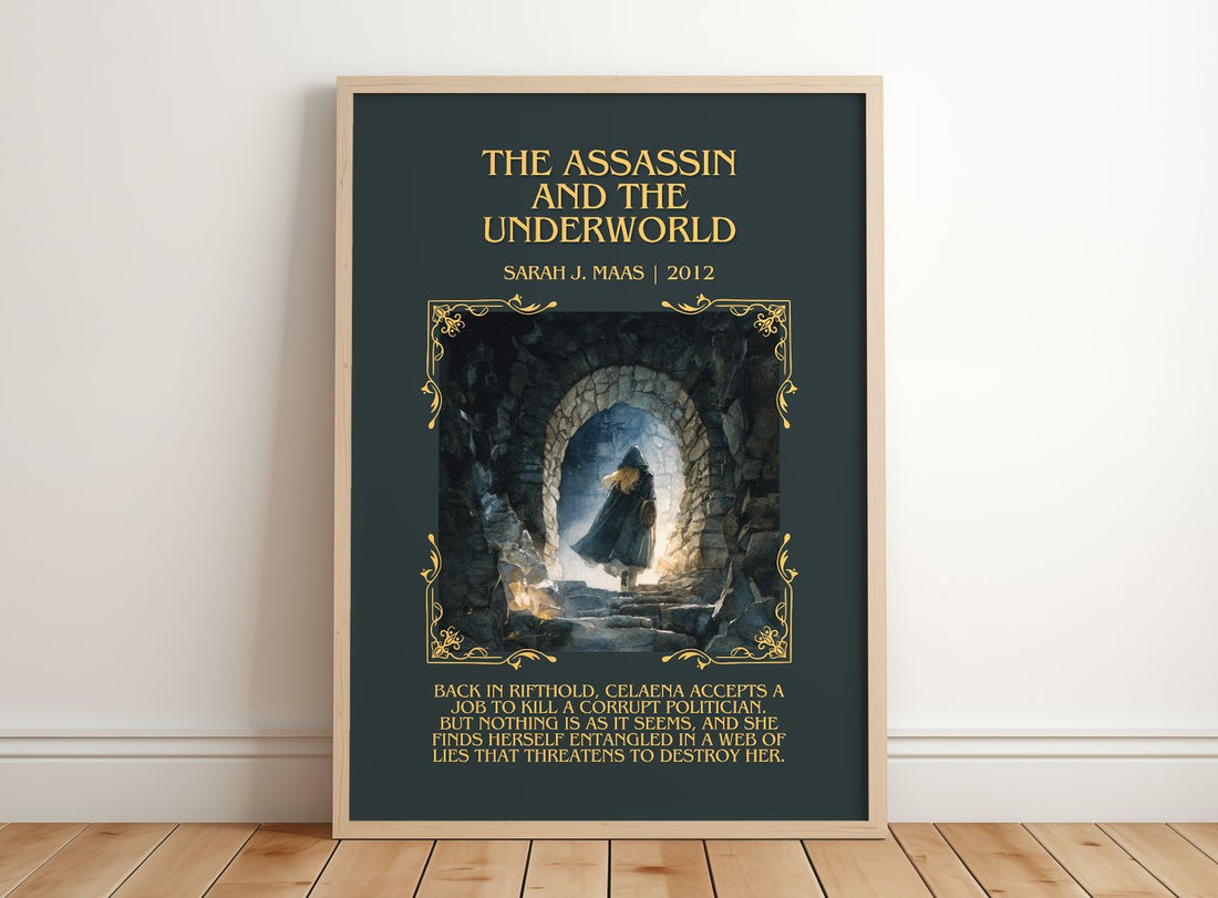 Assassin And The Underworld Minimalist Book Poster by Sarah J. Maas – framed print leaning on a wooden floor