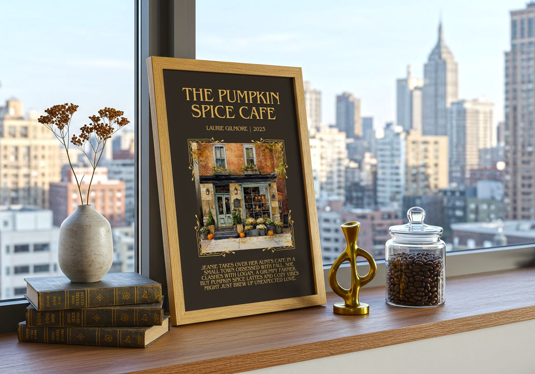 The Pumpkin Spice Café Minimalist Book Poster by Laurie Gilmore – framed print on a city-view windowsill