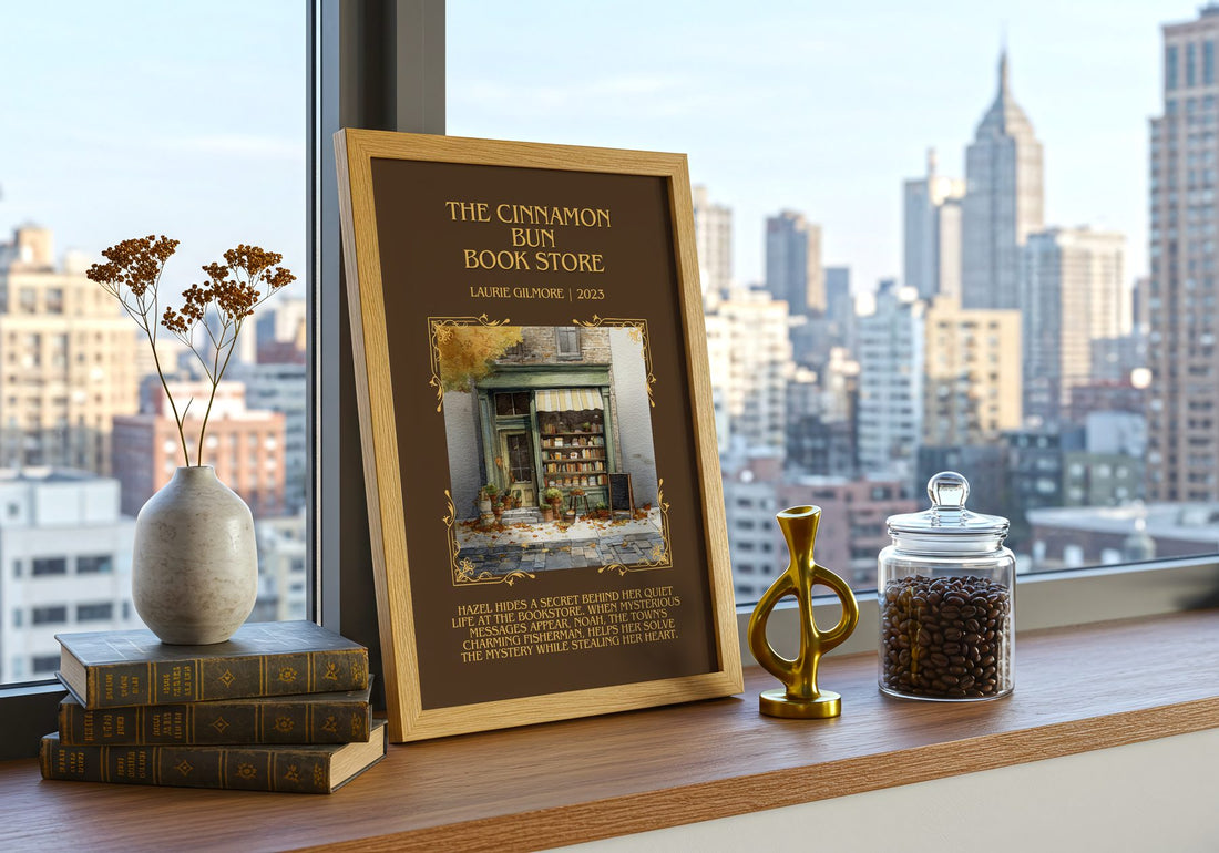 The Cinnamon Bun Book Store Minimalist Book Poster by Laurie Gilmore – framed print on a city-view windowsill