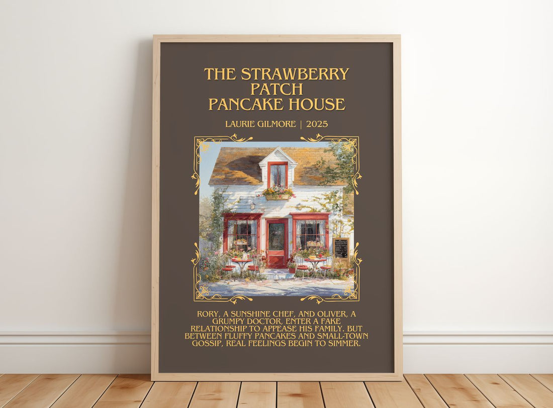 Strawberry Patch Pancake House Minimalist Book Poster by L. Gilmore – framed print leaning on a wooden floor