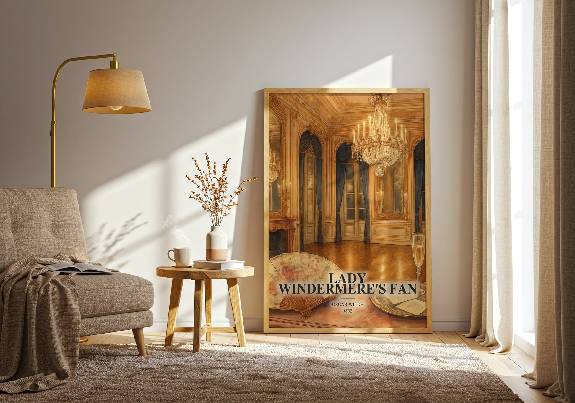 Lady Windermere'S Fan watercolour print in frame leaning in hallway – classic literature wall art