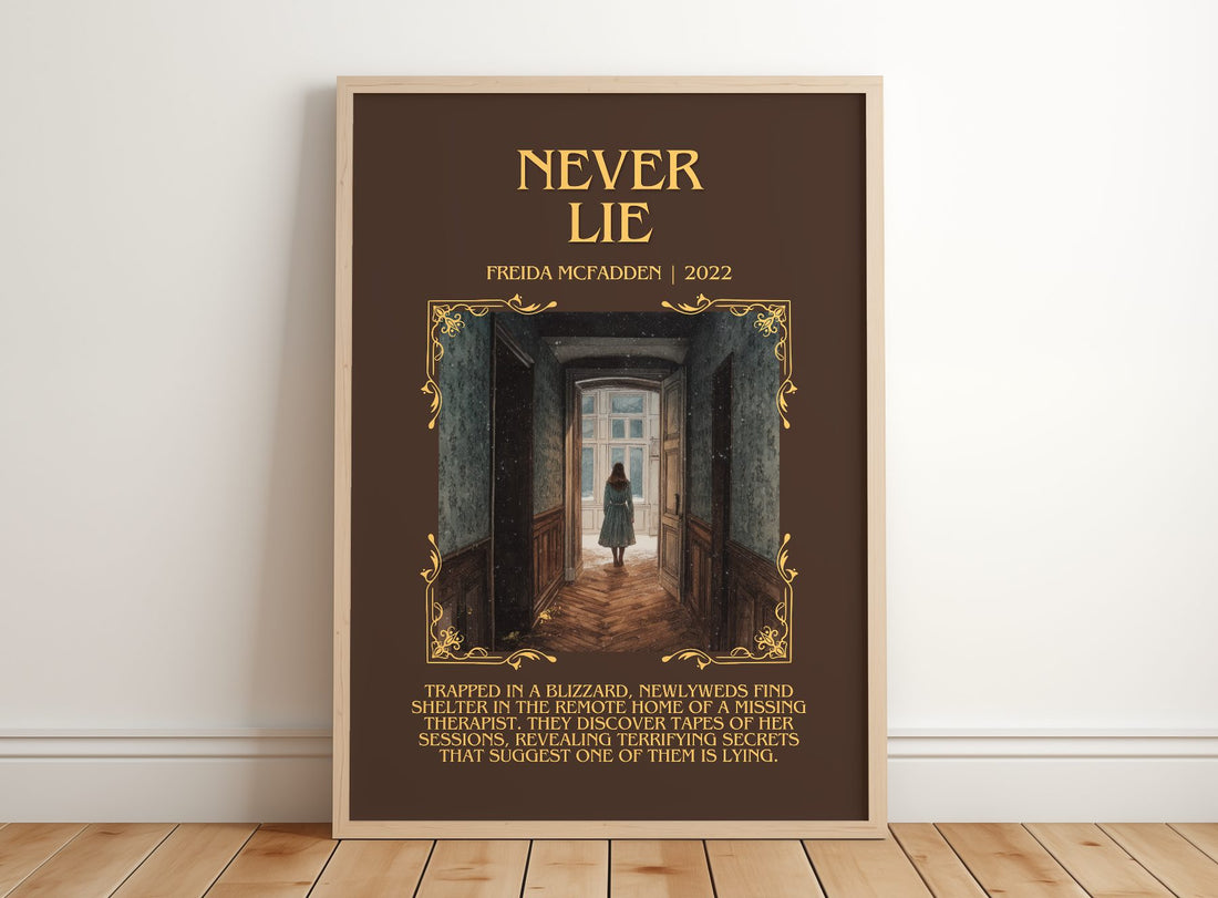 Never Lie Minimalist Book Poster by Freida McFadden – framed print leaning on a wooden floor