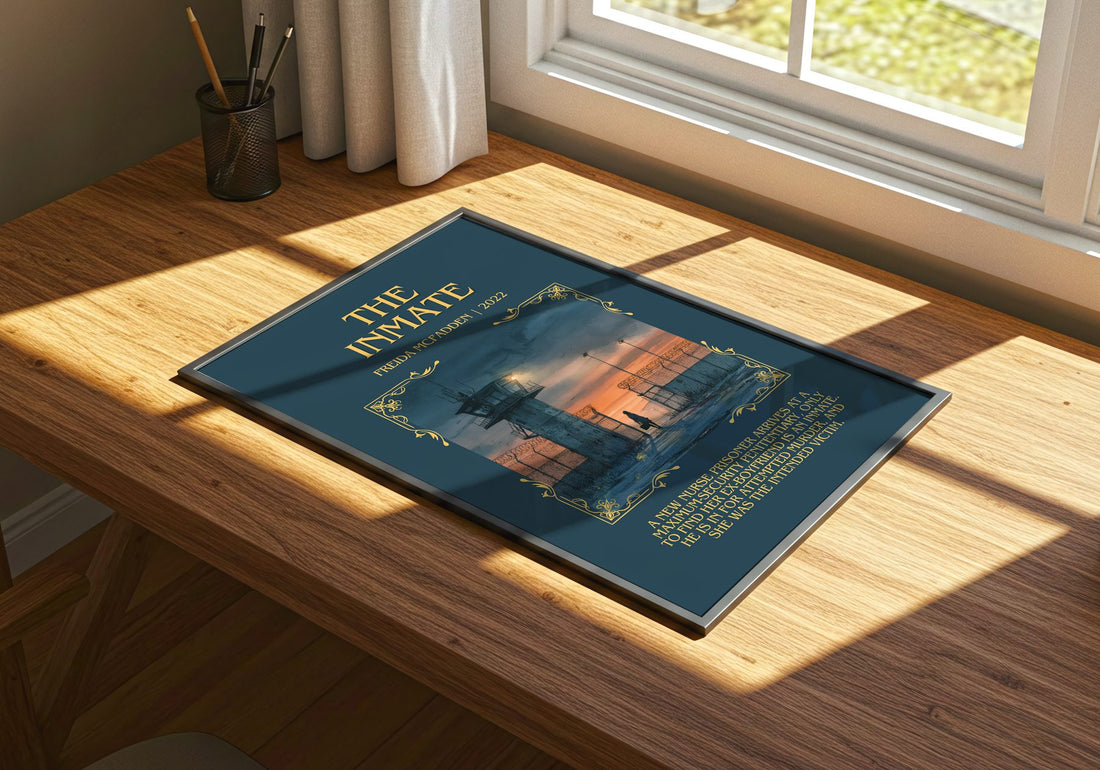 The Inmate Minimalist Book Poster by Freida McFadden – print on a sunlit desk