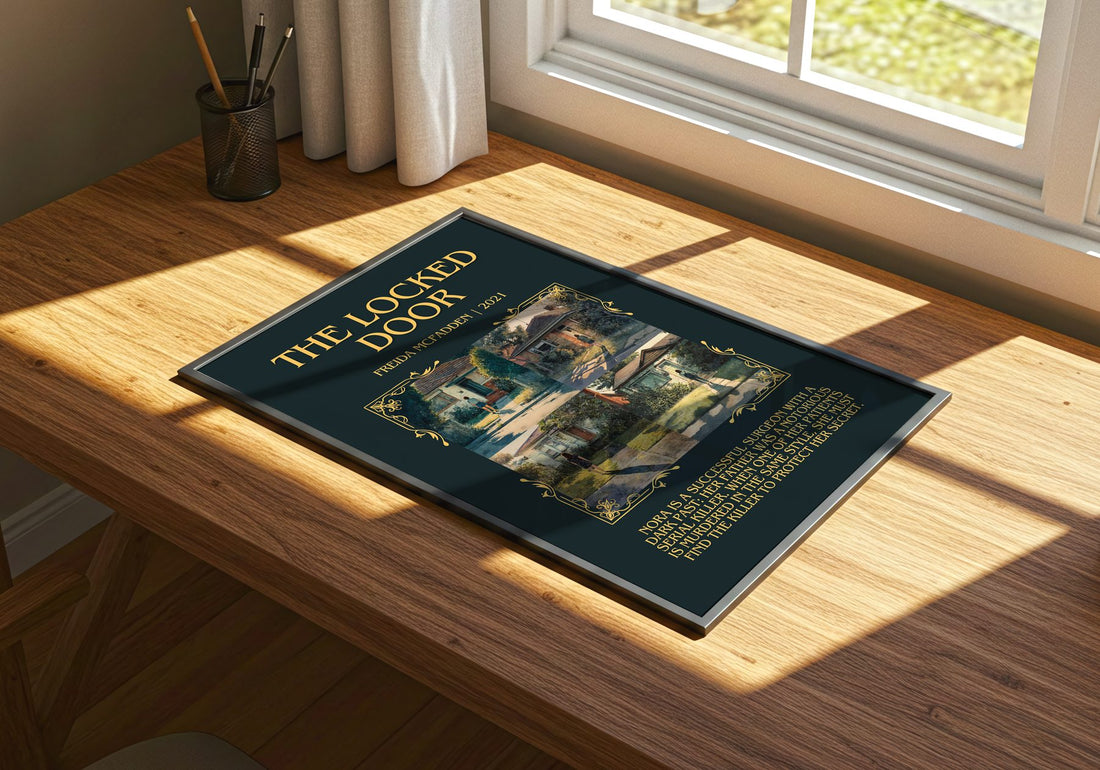The Locked Door Minimalist Book Poster by Freida McFadden – print on a sunlit desk