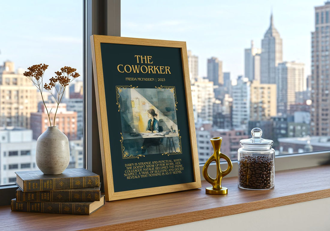 The Coworker Minimalist Book Poster by Freida McFadden – framed print on a city-view windowsill