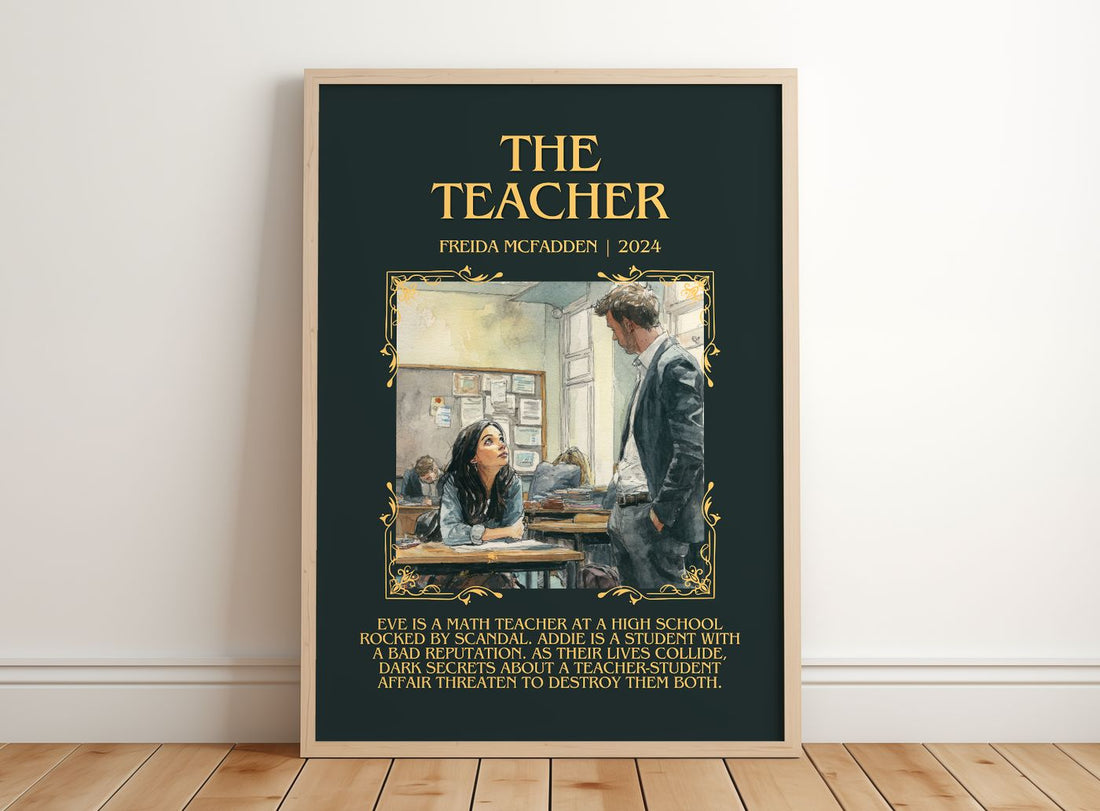 The Teacher Minimalist Book Poster by Freida McFadden – framed print leaning on a wooden floor