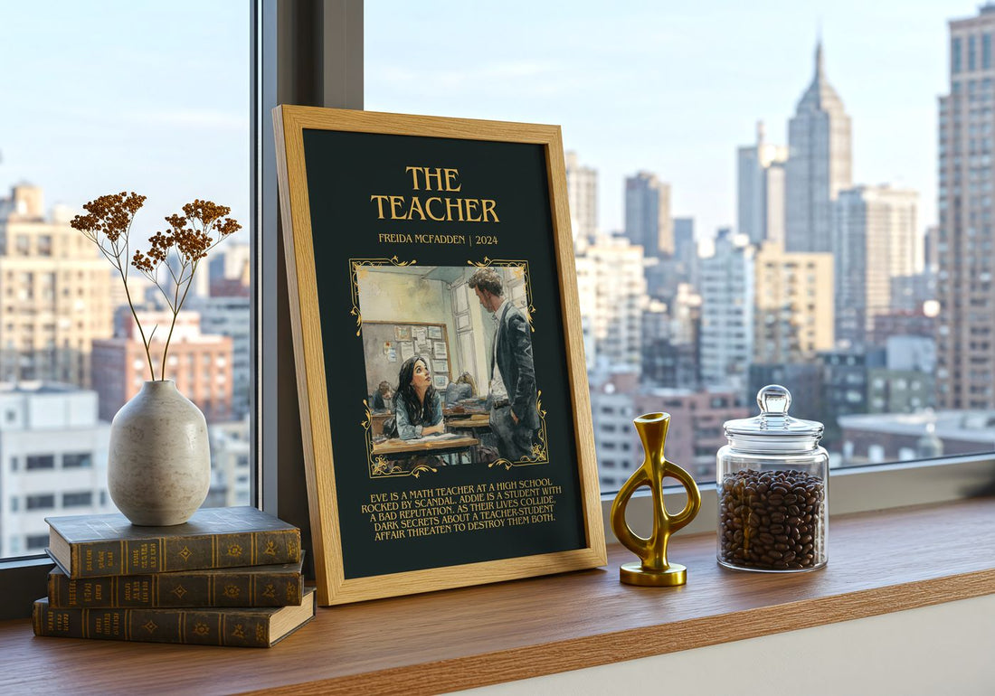 The Teacher Minimalist Book Poster by Freida McFadden – framed print on a city-view windowsill