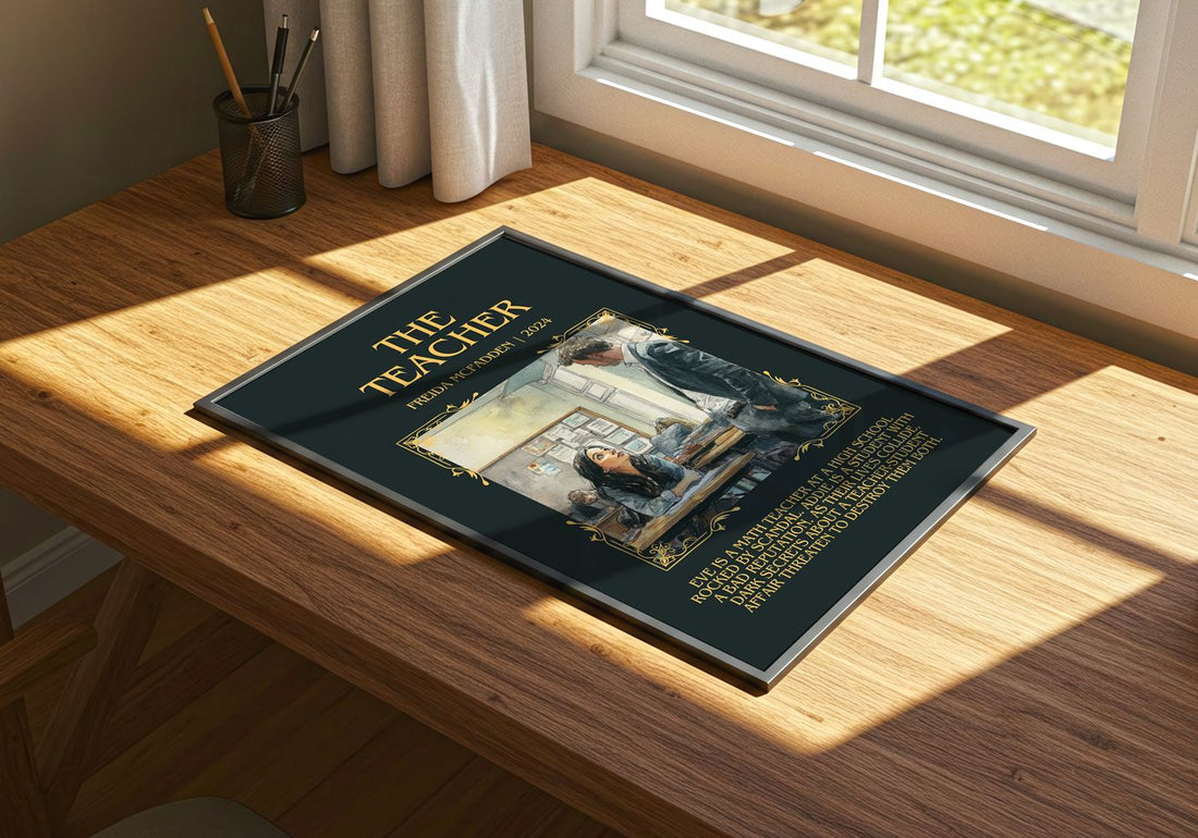 The Teacher Minimalist Book Poster by Freida McFadden – print on a sunlit desk