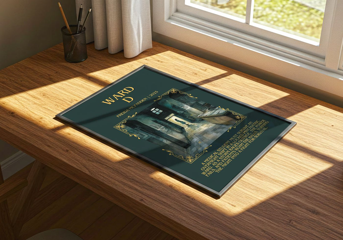 Ward D Minimalist Book Poster by Freida McFadden – print on a sunlit desk