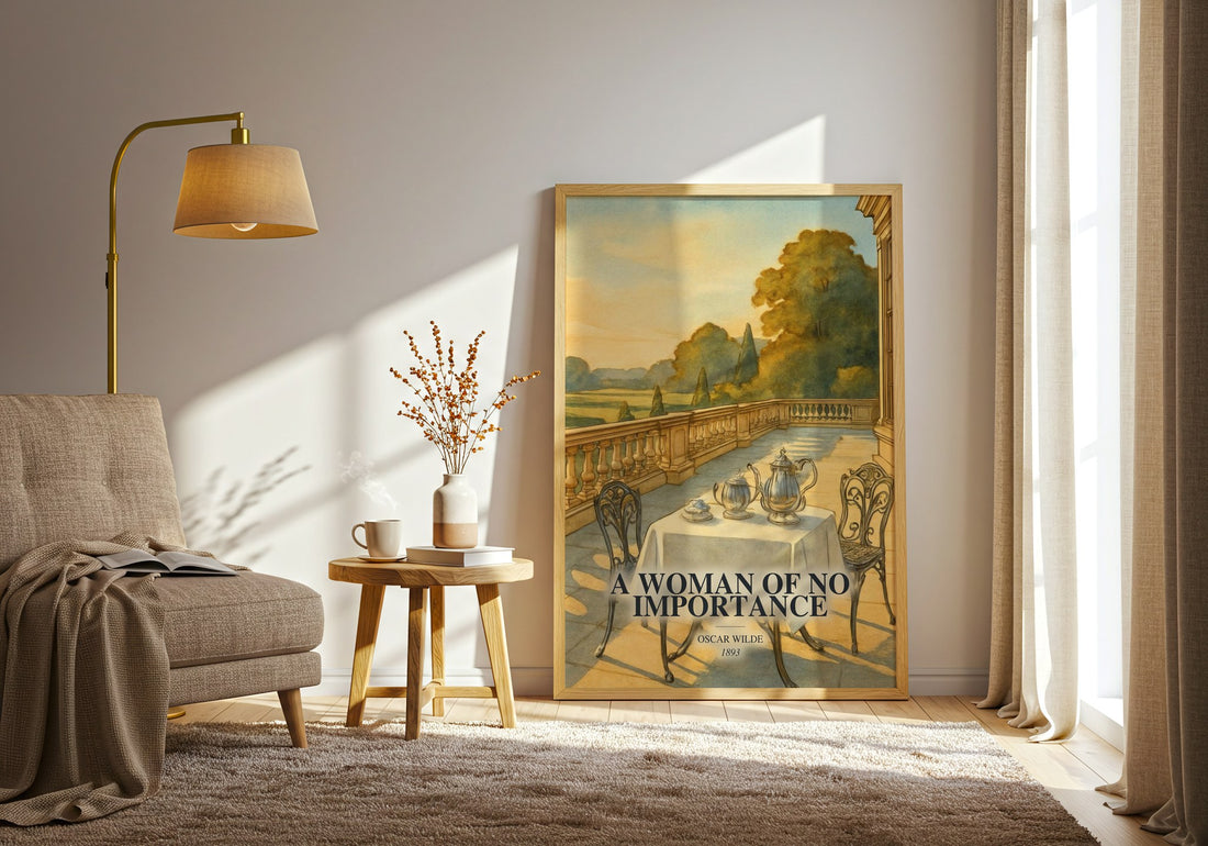 A Woman Of No Importance watercolour print in frame leaning in hallway – classic literature wall art (mockup)