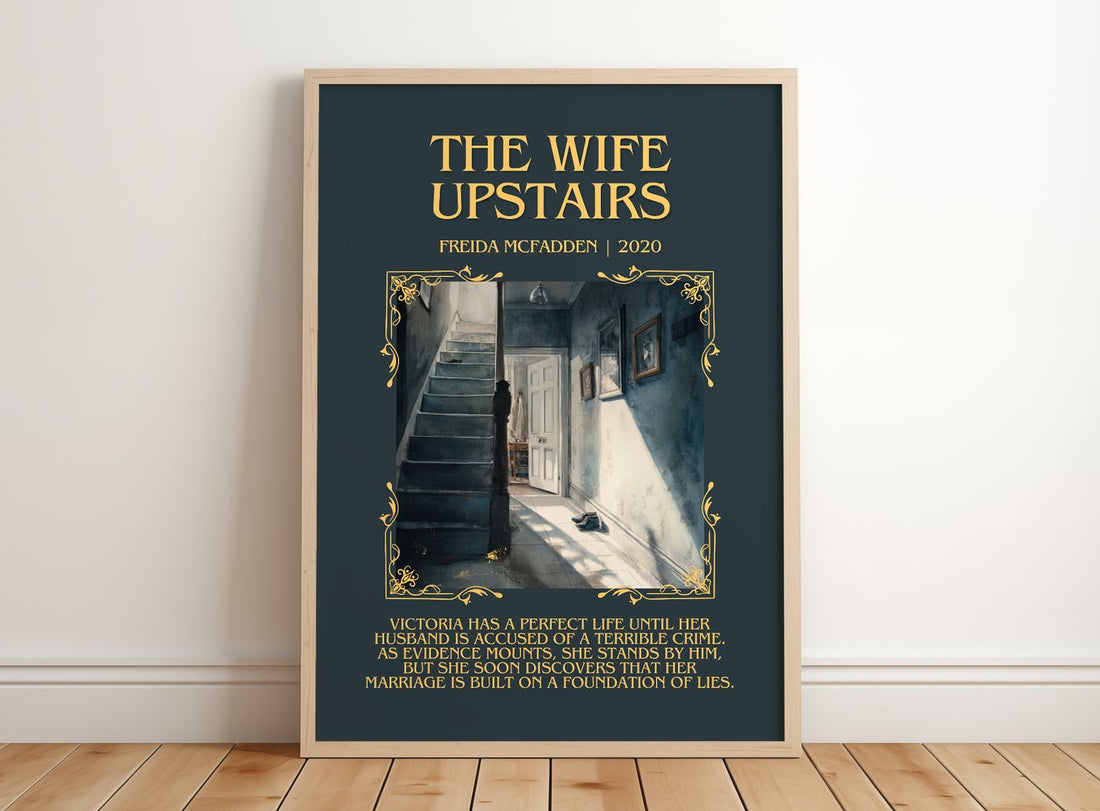 The Wife Upstairs Minimalist Book Poster by Freida McFadden – framed print leaning on a wooden floor