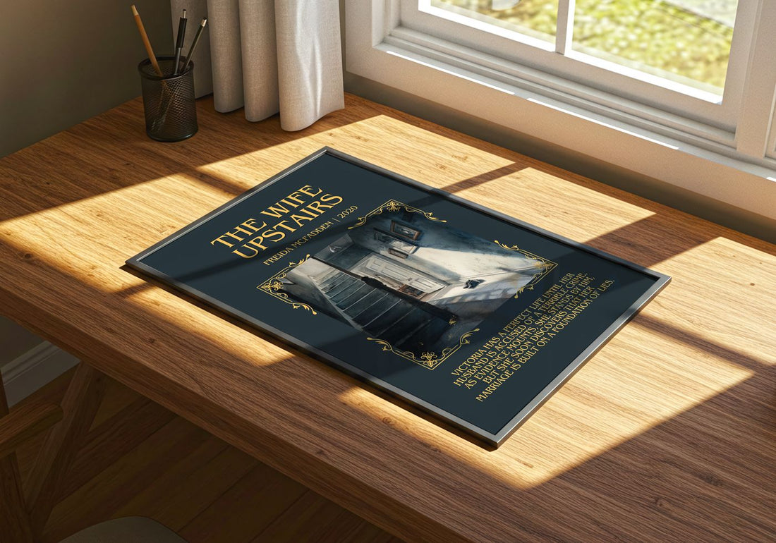 The Wife Upstairs Minimalist Book Poster by Freida McFadden – print on a sunlit desk