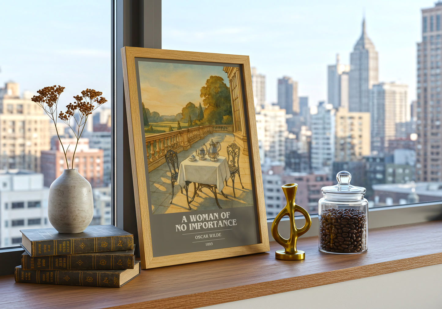 A Woman Of No Importance book cover print framed by window – literary home decor