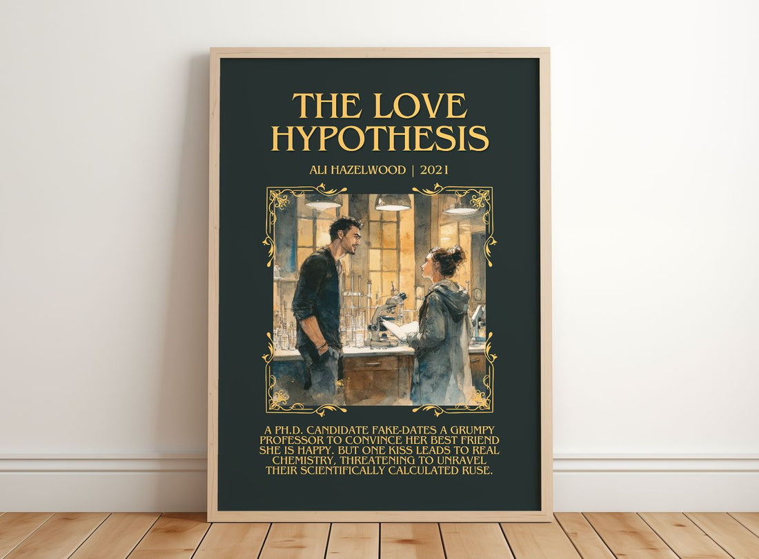 The Love Hypothesis Minimalist Book Poster by Ali Hazelwood – framed print leaning on a wooden floor