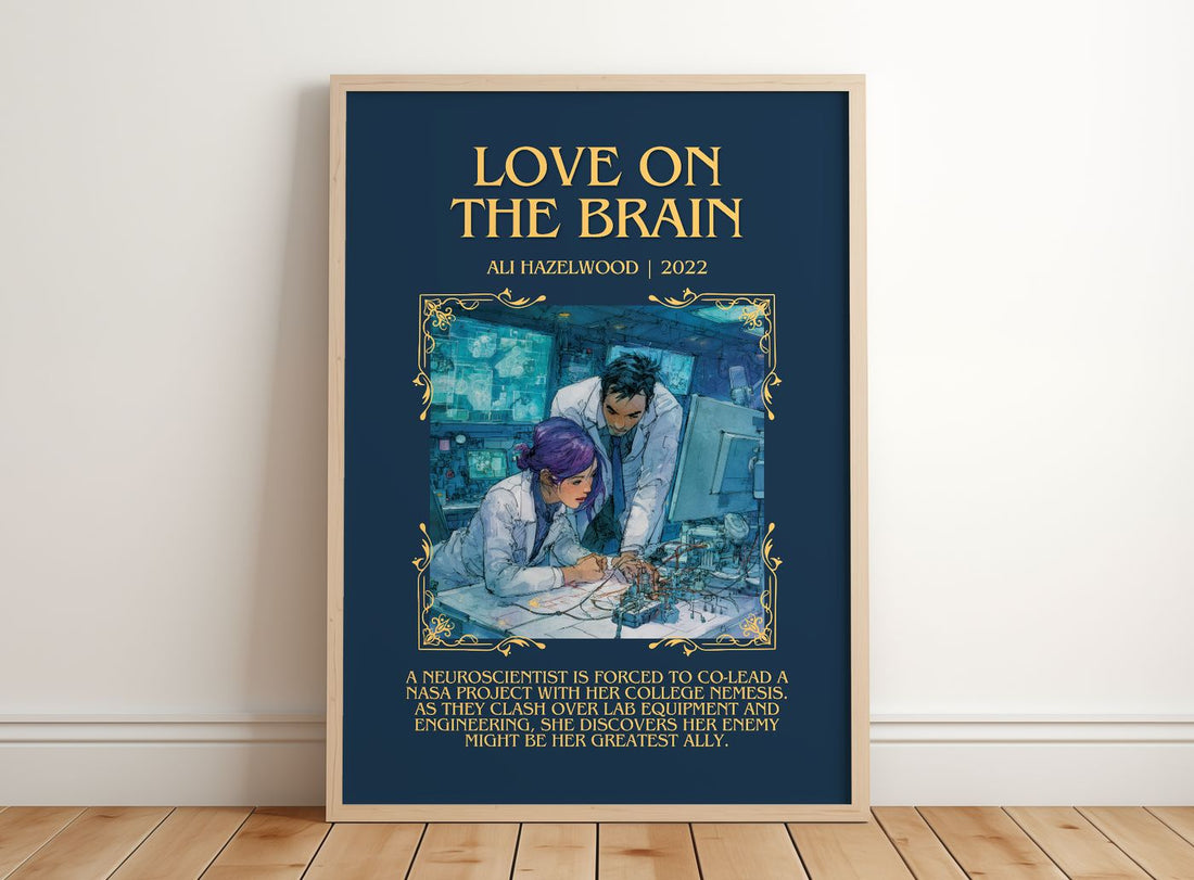 Love On The Brain Minimalist Book Poster by Ali Hazelwood – framed print leaning on a wooden floor
