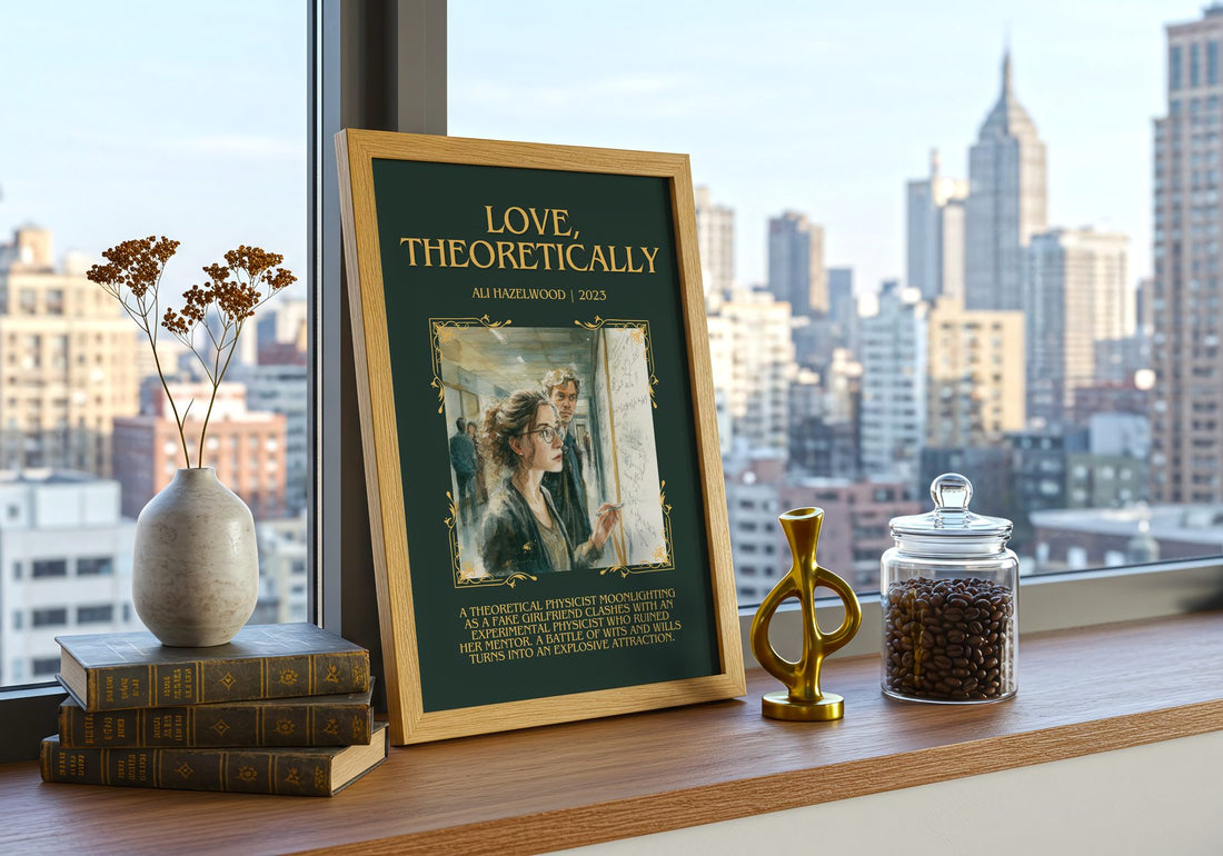 Love, Theoretically Minimalist Book Poster by Ali Hazelwood – framed print on a city-view windowsill