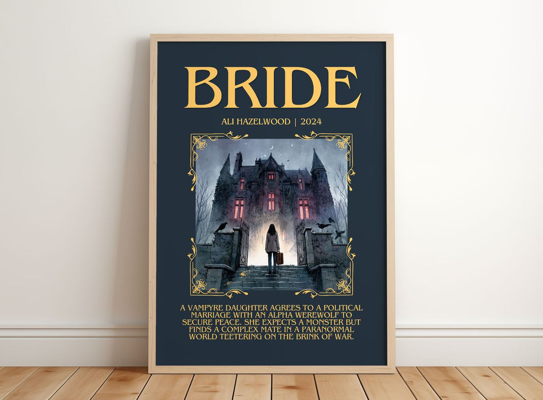 Bride Minimalist Book Poster by Ali Hazelwood – framed print leaning on a wooden floor
