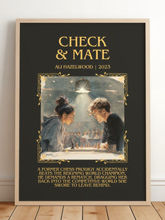 Check & Mate Minimalist Book Poster by Ali Hazelwood – framed print leaning on a wooden floor