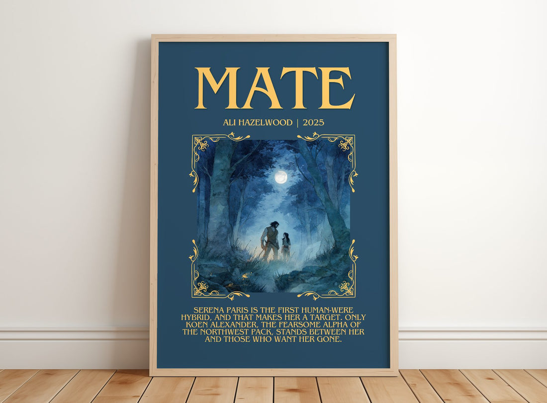 Mate Minimalist Book Poster by Ali Hazelwood – framed print leaning on a wooden floor