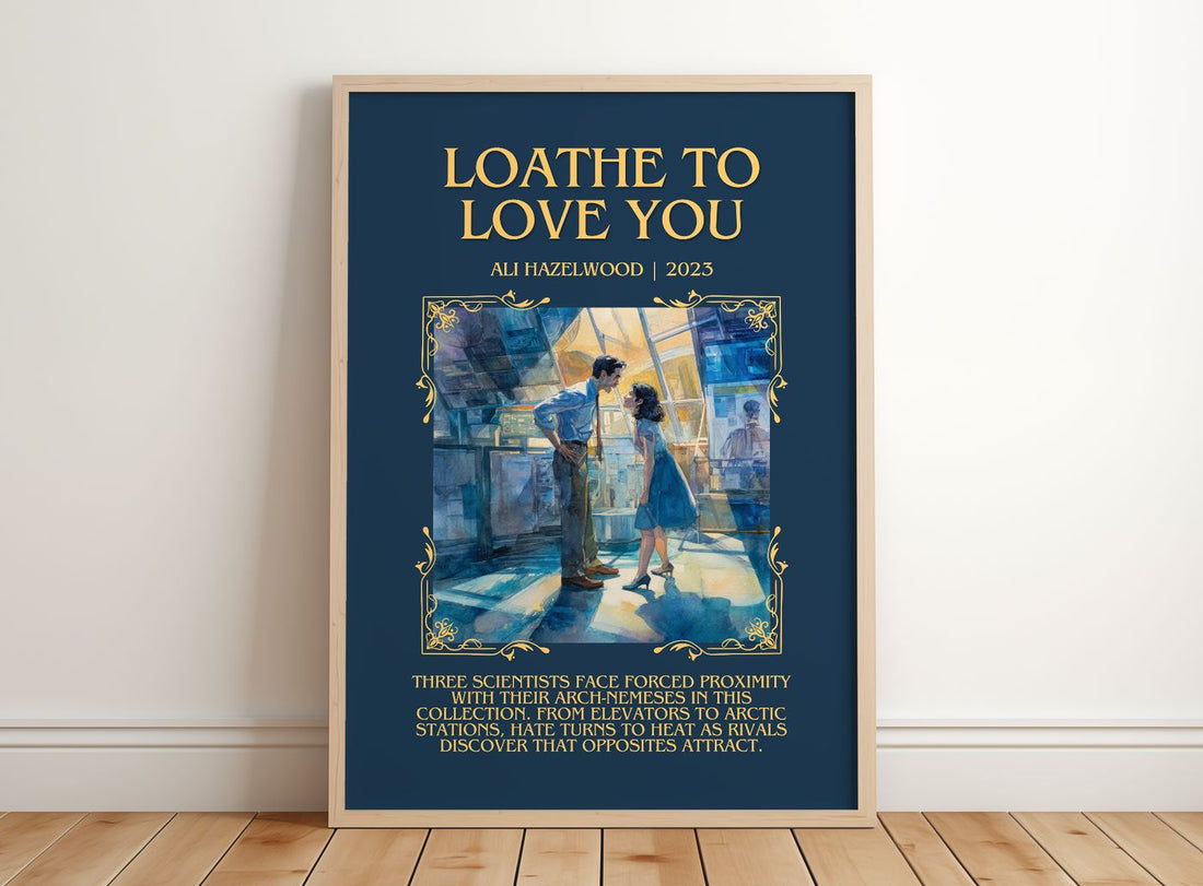 Loathe To Love You Minimalist Book Poster by Ali Hazelwood – framed print leaning on a wooden floor