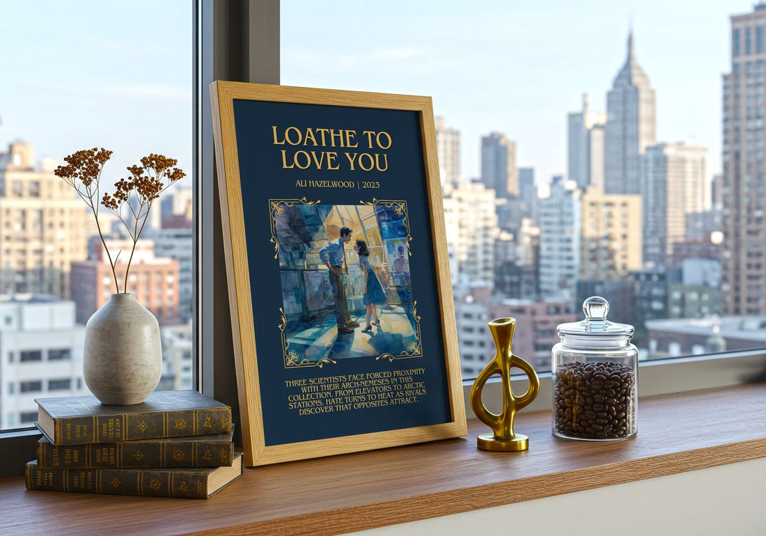Loathe To Love You Minimalist Book Poster by Ali Hazelwood – framed print on a city-view windowsill