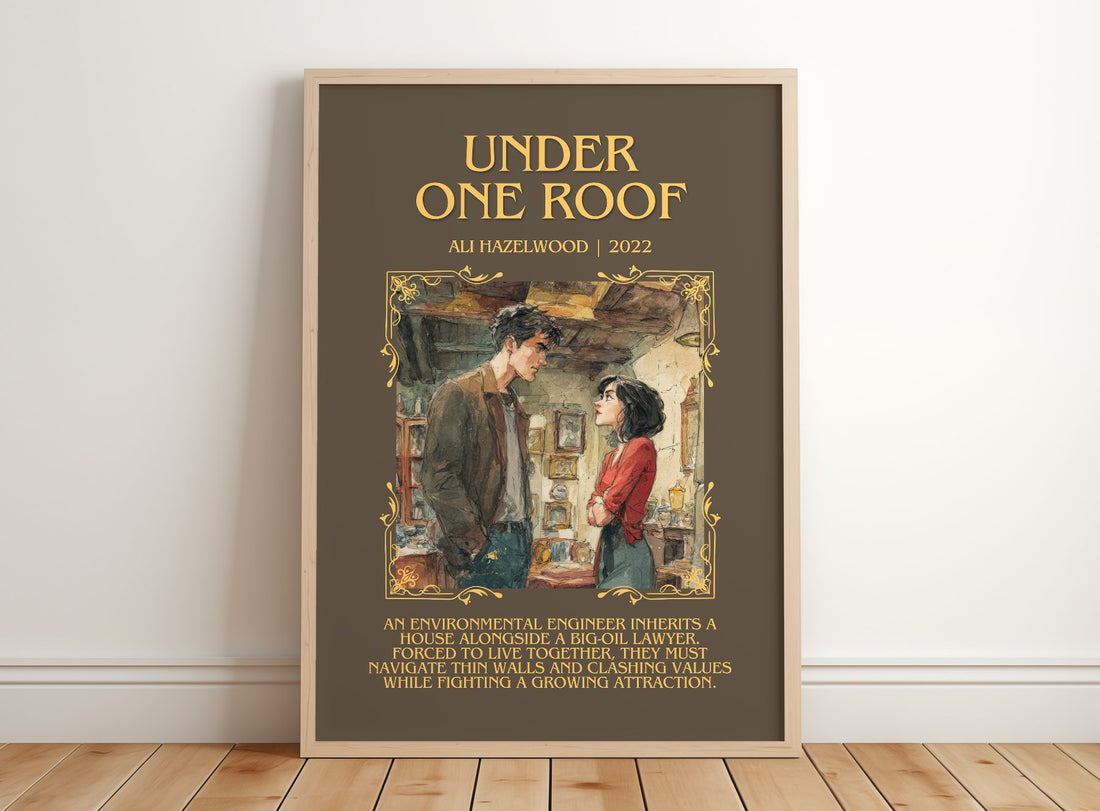 Under One Roof Minimalist Book Poster by Ali Hazelwood – framed print leaning on a wooden floor