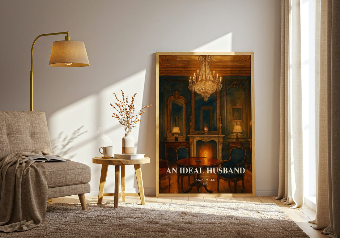 An Ideal Husband watercolour print in frame leaning in hallway – classic literature wall art (mockup)